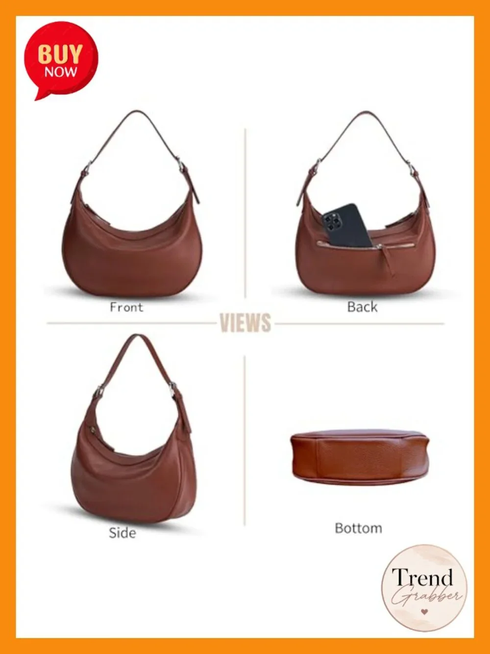 Genuine Leather Hobo Crossbody Bag with Two Adjustable Straps